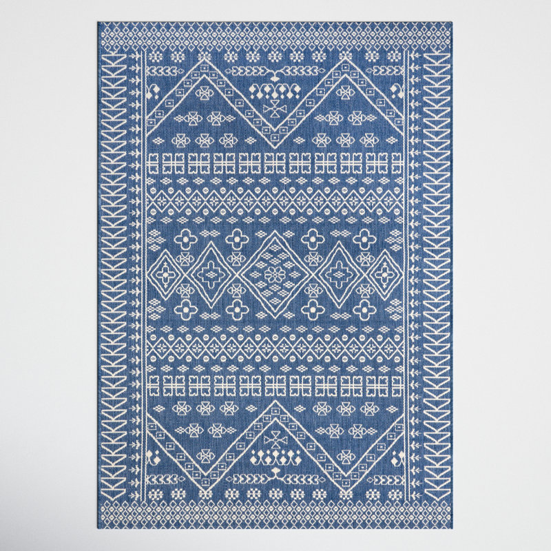 Tapis d'intérieur / extérieur bleu tissé à la main Royalston, Carré 10 pi