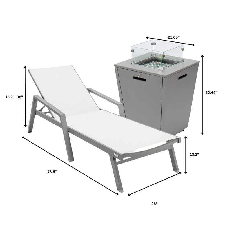 Modern White and Gray Aluminum Patio Chaise Lounge with Fire Pit Table