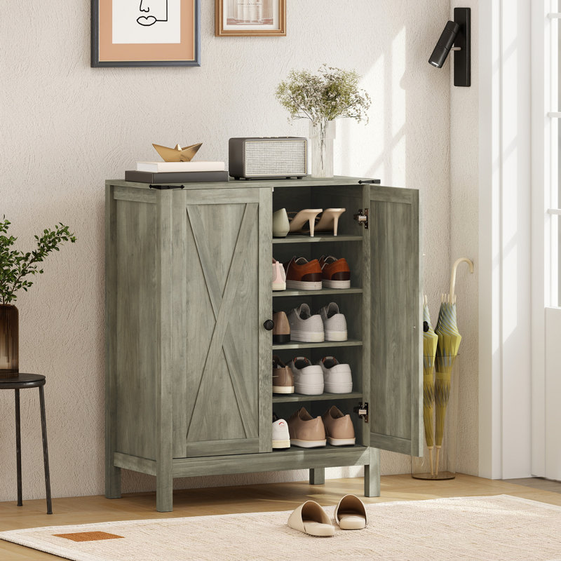 Armoire à chaussures avec portes de grange, armoire de rangement pour chaussures Farmhouse, gris, Gris patiné
