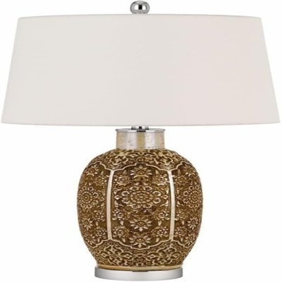 Ceramic Floral Table Lamp With Cinnamon Finish And Drum Shade 28.5" H by