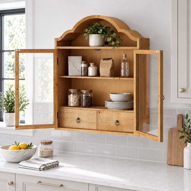 Armoire murale vintage en bois massif avec un élégant plateau ondulé