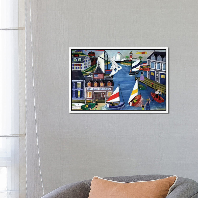 Sailing School Folk Art 1 Piece Painting on Canvas, 45.72cm H x 66.04cm W x 3.81cm D, White Framed