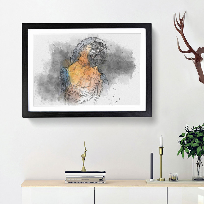 Blue and Yellow Macaw Parrot in Abstract - Picture Frame Drawing Print, 36cm H x 48cm W x 2cm D, Black Framed