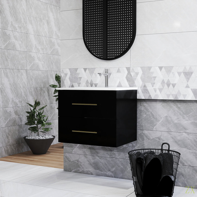 Ensemble de meuble-lavabo mural 24 po avec lavabo, deux tiroirs, lavabo en céramique, assemblage facile, métal à longue poignée, 2 tiroirs de rangement