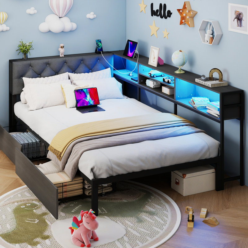 Twin Corner Bed Frame with Upholstered headboard, 2 Storage Drawers, Metal Platform Bed Frame with LED Light and Charging Station, Twin Daybed for Living Room, Bedroom