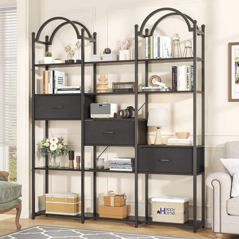 Large Bookshelf Triple Wide 6 Tiers Industrial Book shelf with 3 Drawers, 73.6" Tall Bookcase with 16 Open Display Shelves, Etagere Bookshelves with Frame for Home & Office, Black