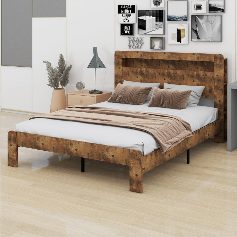 Structure de lit plateforme en bois avec tête de lit à DEL et USB, Grand lit