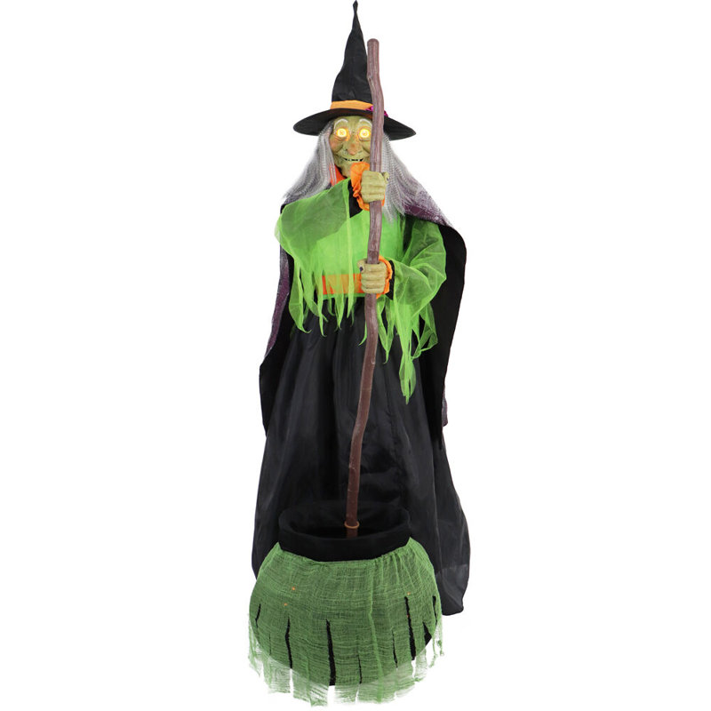 72-Inch Green and Black Animated Halloween Witch with Cauldron