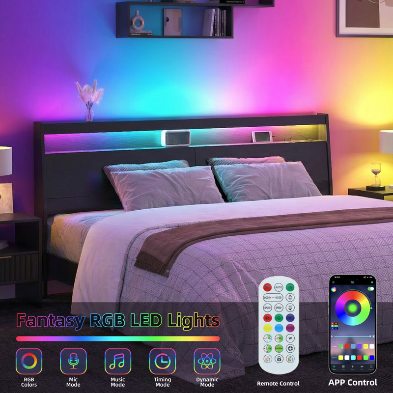 Tête de lit grand format en bois noir avec lumières à DEL RVB, rangement caché et station de charge intégrée, tête de lit moderne pour lit avec application et télécommande