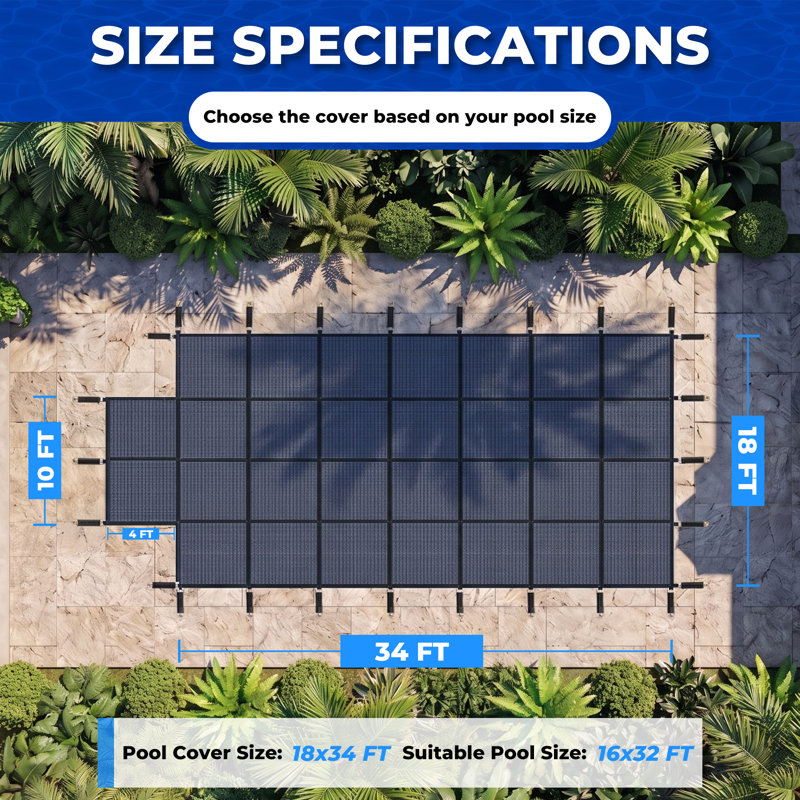 Couverture de sécurité pour piscine à marche centrale 16 x 32 pi, filet haute résistance, protection hivernale, système d'ancrage sécurisé, bleu