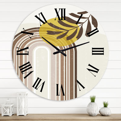 Abstrait soleil et lune avec feuille dans des tons de terre - horloge murale moderne