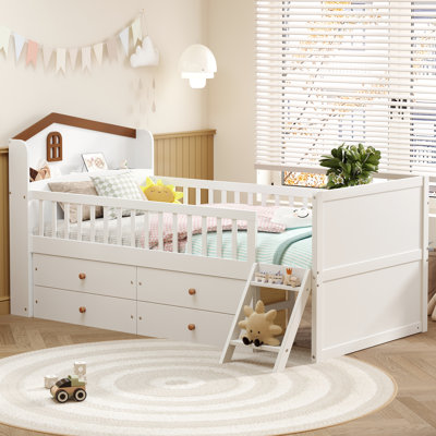Twin Platform Bed Frame For In White, Equipped With 4 Storage Drawers, Full - Length Guardrail, Window Designed Headboard Shelf And 2 Step , No Box Spring Needed, Simple To Assemble Disassemble White