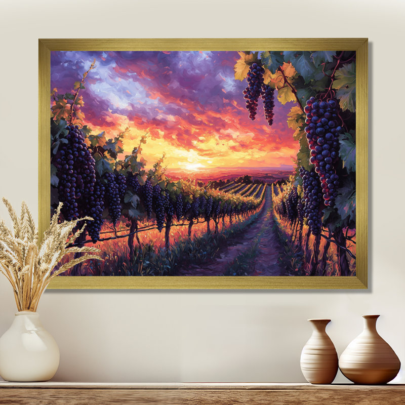 Vineyard at California Sunset I - vignoble, art mural, H 12 po x l 20 po, Cadre simple, Doré