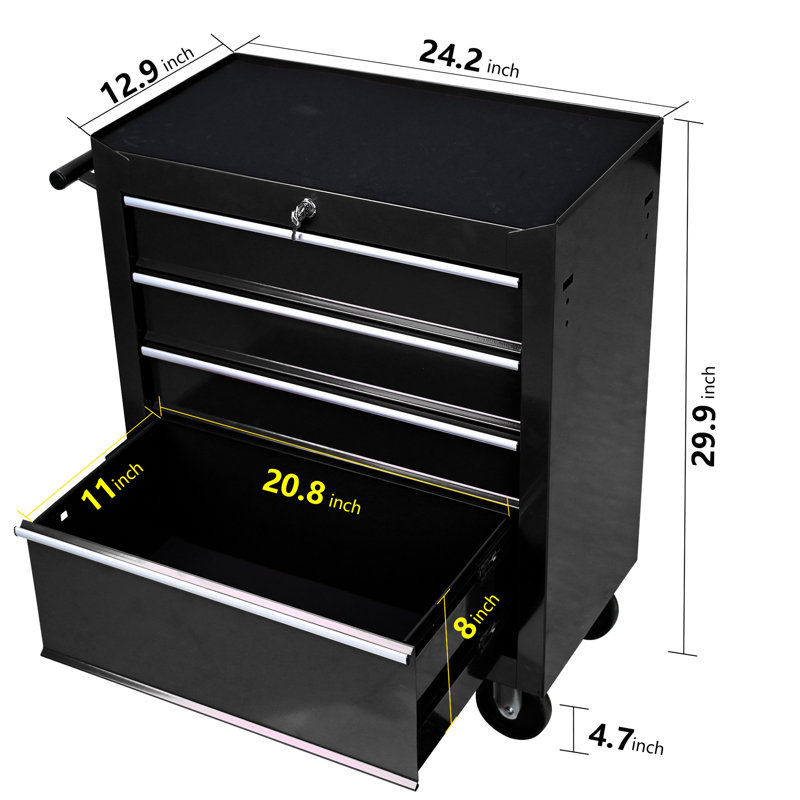 Chariot de rangement robuste à 4 roulettes avec serrure - Solution d'organisation de garage en noir 4 tiroirs