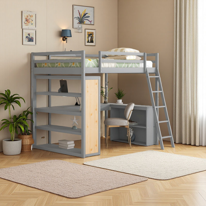 Loft Bed With Ladder, Shelves, And Desk, Grey, Full