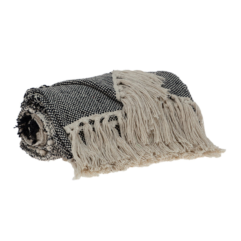 Jeté tissé à la main beige et noir Boho avec pampilles décoratives