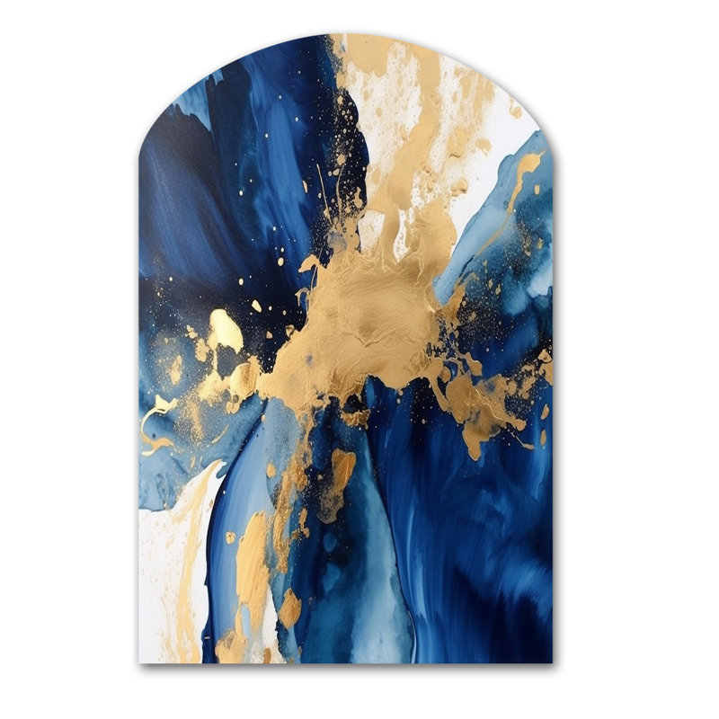 Décoration murale asymétrique en métal bleu foncé et or coups de cœur - fractales, H 43 po x l 33 po