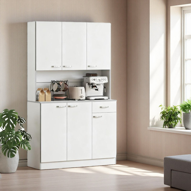 Armoire de cuisine 71 po, armoire de rangement haute avec support pour micro-ondes, huche de cuisine moderne avec comptoir, 6 portes, tiroir de rangement, 3 tablettes réglables Kitchen Pantry