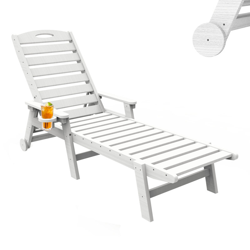 HDPE Wood Grain Outdoor Chaise Lounge Chair with Wheels & Cup Holder, 5-Position Adjustable Recliner, All-Weather Poolside Lounger
