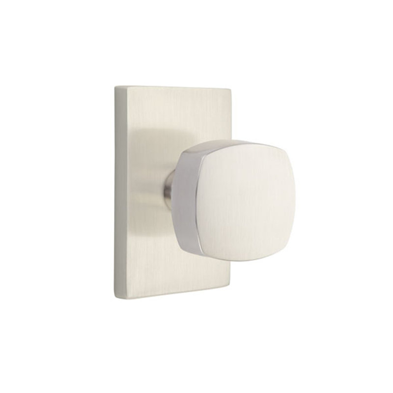 Emtek Privacy Knobset w/ Modern Rectangular Rosette and Freestone Knob, Satin Nickel