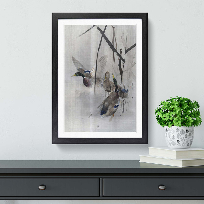 Ducks in the Rushes by Watanabe Seitei - Picture Frame Painting Print, Black Framed, 48cm H x 36cm W x 2cm D