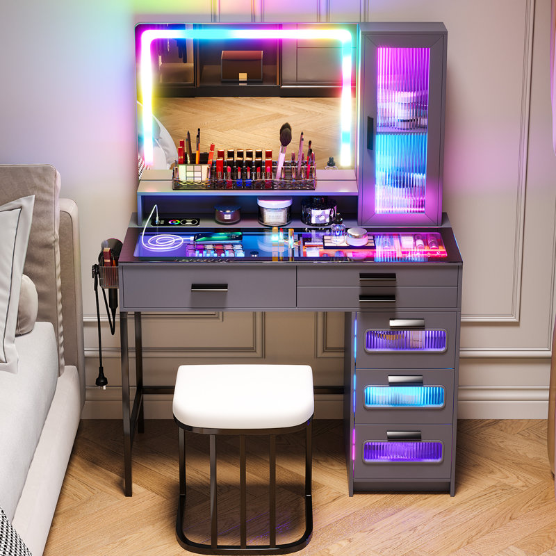 Helenann Makeup Vanity with Lighted Mirror and Stool, Gray/Black