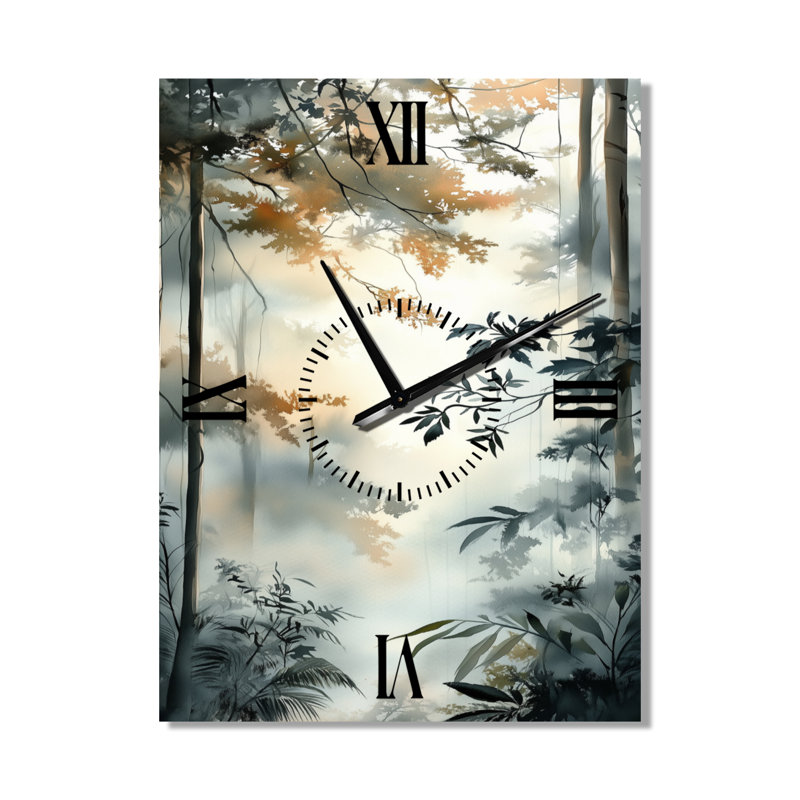 Horloge murale décorative tropicale grise Sunlit Canopy Rainforest I - Horloge murale grise, H 32 po x l 24 po - Rectangle