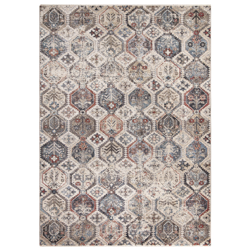 Blue Geometric, Tiles Multi Antique Aesthetic Area Rug, Rectangle 6'7" x 9'3"
