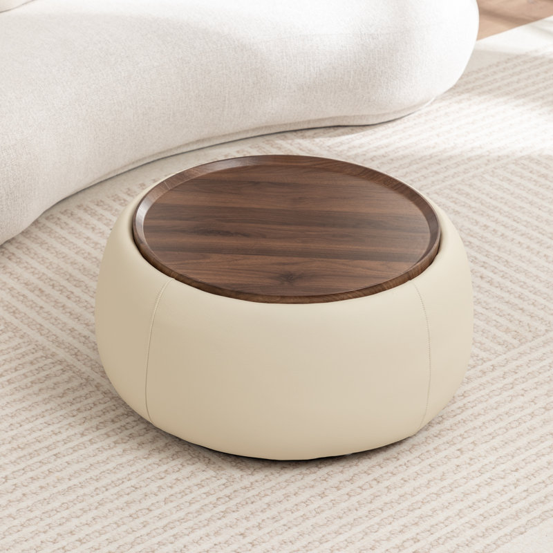Pietsch Round Cocktail Ottoman With Storage, Cream