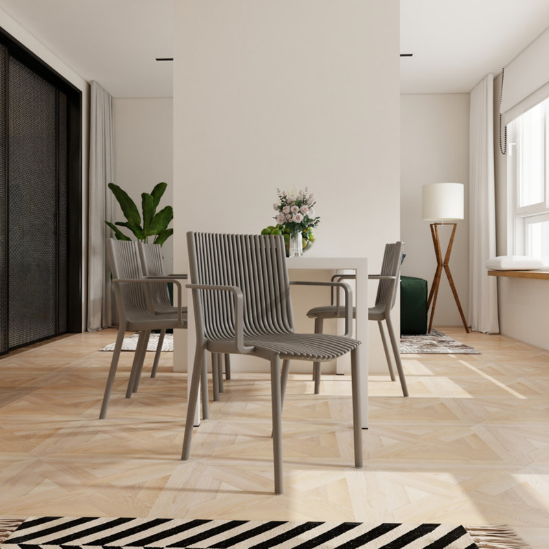 4 fauteuils empilables en PP gris chaud et une table blanche de 55 pouces - structure, patins antidérapants, idéaux pour différents environnements 4 pièces de long, espaces intérieurs / extérieurs sans entretien