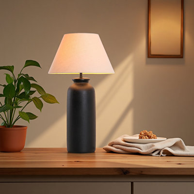 Lampe de table 28 po en céramique noire avec abat-jour empire en lin naturel, lampe d'appoint moderne avec base E26 pour le salon et la chambre à coucher