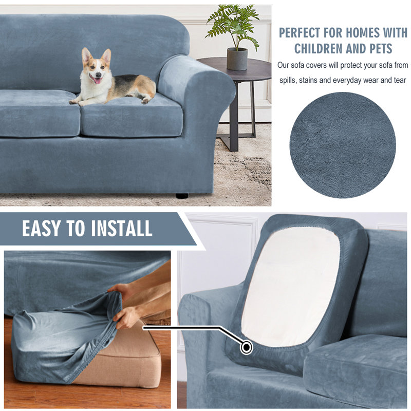 Gray Blue Velvet Plush 3-Seater Sofa Cover with Separate Cushion Covers
