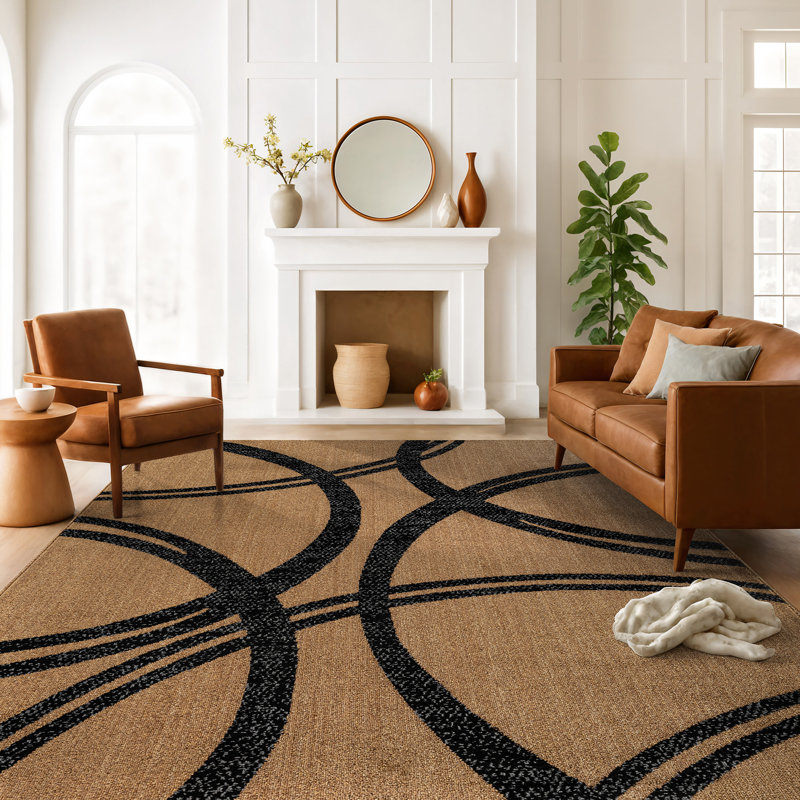 Arnaldur Geometric Black/Gray/White Area Rug, Rectangle 5'3" x 7'3", Jute