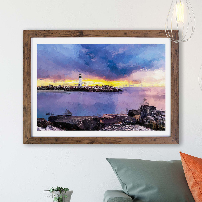 Remote Lighthouse & Seascape - Framed Print, 62cm H x 87cm W x 2cm D, Walnut