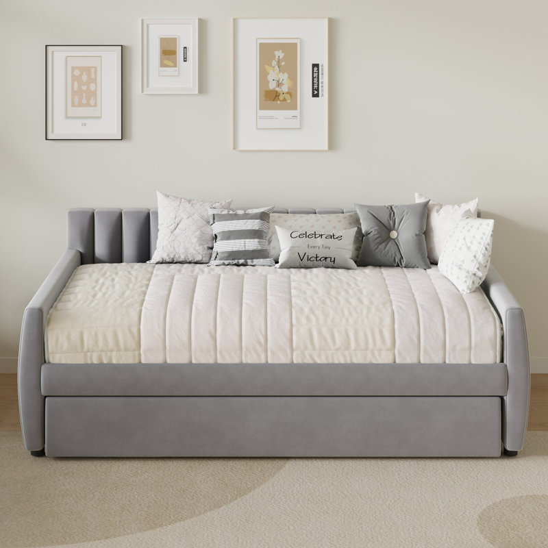 Aghwith Velvet Upholstered Full Daybed with Trundles - Solid Construction, Space Maximization, Gray