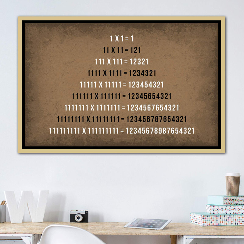 Multiplication Palindromes - impression d'art textuel, H 40 po x l 60 po x 1,5 po, Toile encadrée d'or, Pas de tapis