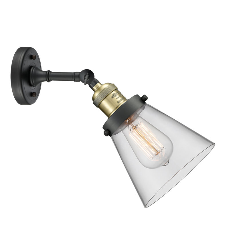 Cone 1 Light Sconce, 6 Watt Vinage LED Bulb, Clear, Black Antique Brass