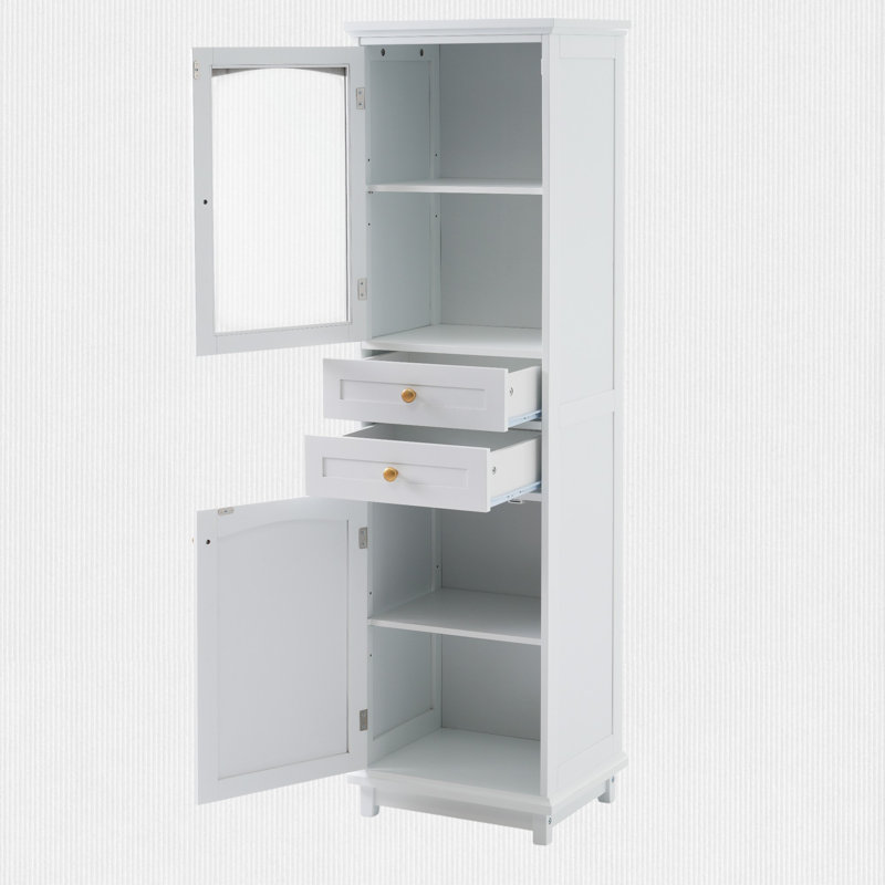 Armoire de bureau avec tablettes réglables, porte en verre et deux tiroirs, Blanc