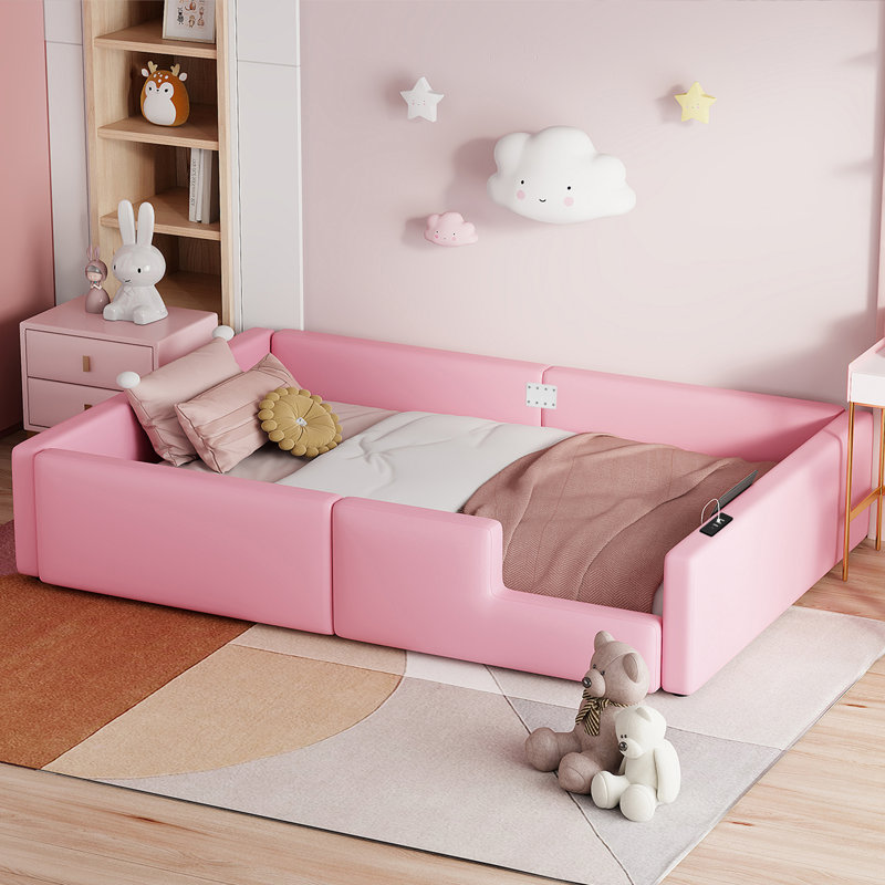 Upholstered Daybed With Guardrail And Usb Charging, Pink
