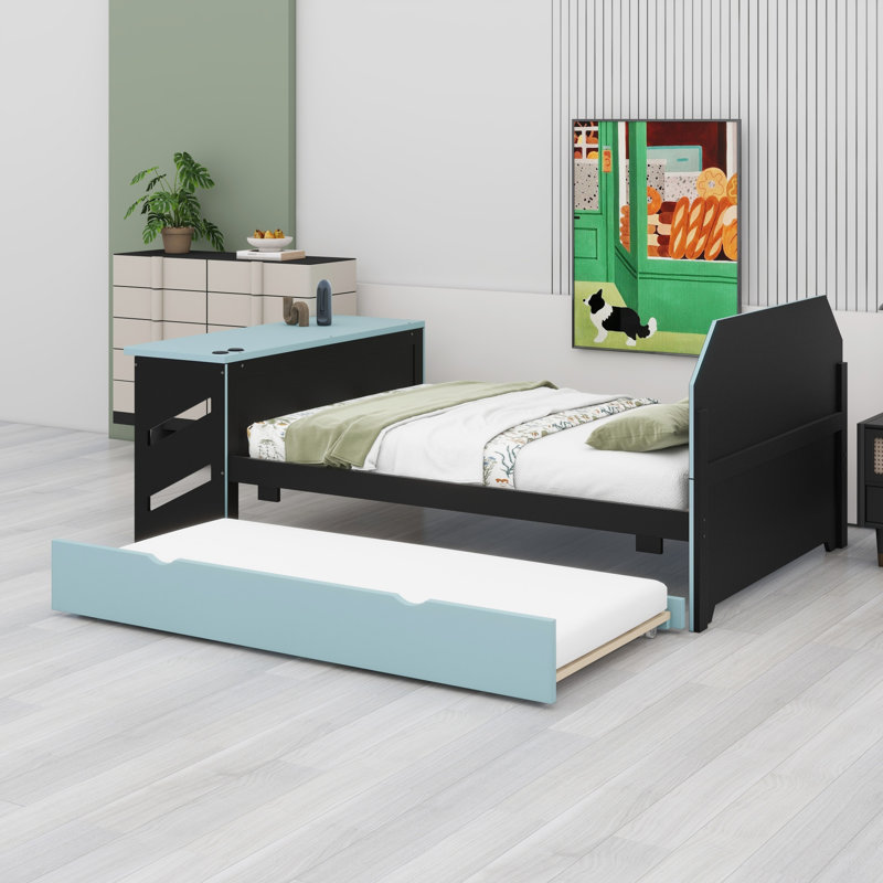 Lit de jour en bois avec couchette, bureau et port USB, Bleu nuage