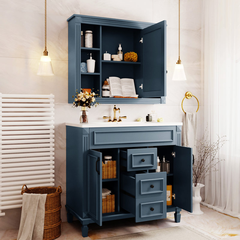 Meuble-lavabo 36 po avec résine, tiroir, porte et armoire de salle de bain, Bleu, Noir
