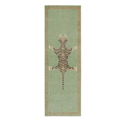 Rug & Kilim’S Distressed Tiger Runner In Green, Beige & Black Pictorial