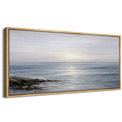 Calm Ocean Horizon Rocky Shore Seascape Neutral Coastal Wall Decor Extra Large Pictures Framed Canvas Print Wall Art