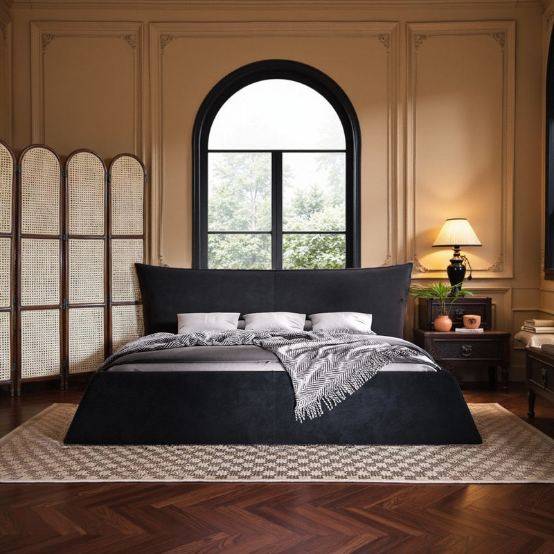 Lit plateforme tapissier très grand 92,9 po - Tête de lit en velours et structure en pin massif, Noir, noir, noir, noir