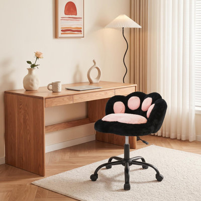 Plush Teddy Swivel Vanity Chair with Cat Paw Back, Adjustable Height Desk Seat