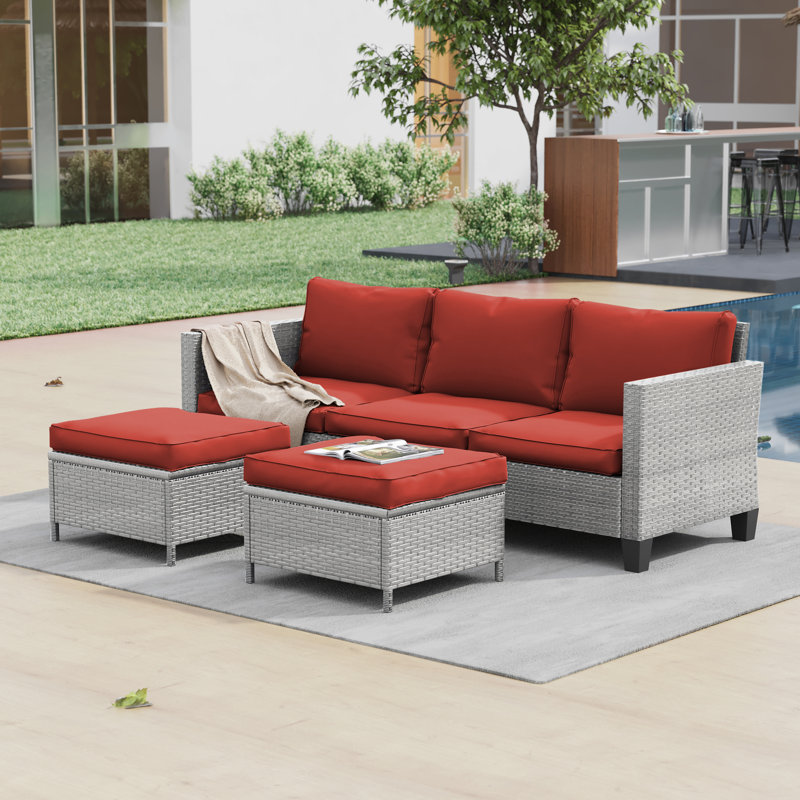 Ensemble de conversation Dobilas 3 personnes en résine tressée avec coussins, mobilier d'extérieur résistant aux intempéries pour terrasse, jardin et cour.