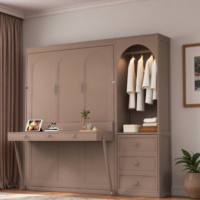 Murphy Bed with Stoarge Shelf, Desk, LED Light, Wardrobe and 3 Drawers