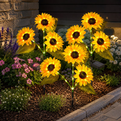 Nine Glowing Sunflower Stems Across 3 Triple-Head Solar Garden Stakes, Waterproof Solar-Powered Design with Auto On/Off for Yard, Patio and Lawn Decoration