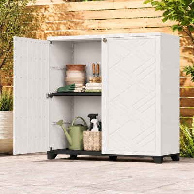 Armoire de rangement extérieure imperméable en résine avec tablettes réglables pour l'organisation de jardin, patio, piscine et garage