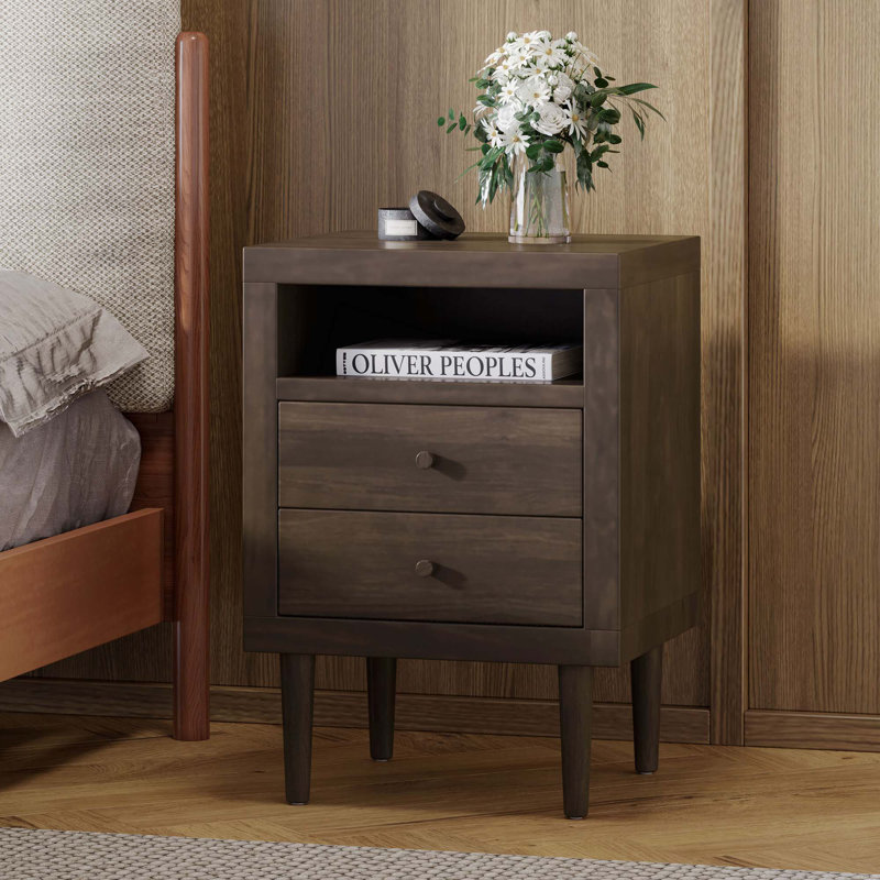 Table de chevet 2 tiroirs pour chambre à coucher, Noyer